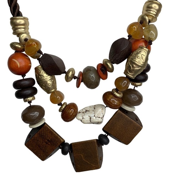 Chico’s Triple Strand Shades of Brown Chunky Stones & Wooden Chunks Necklace - Picture 3 of 6